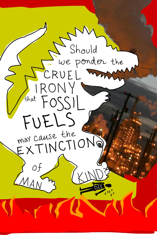 Fossil Fuel Irony dinosaur drawing by Franke James with photo by Greenpeace of Tar Sands