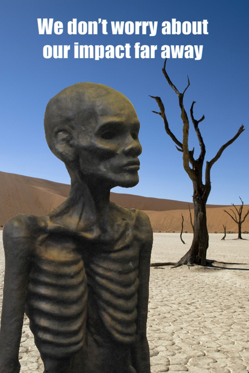 Photo starving statue by Franke James, Statue is from Copenhagen event, landscape photo of Africa by istockphoto/minea, Composite collage by Franke James 