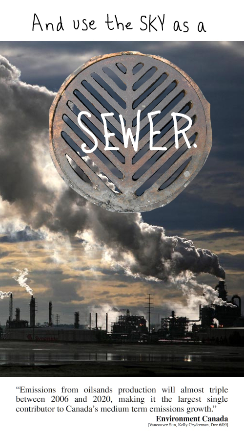 Sky Sewer tar sands photo by © Jiri Rezac / Greenpeace. Illustration and photo of sewer grate by Franke James, Environment Canada statistic from Kelly Cryderman Vancouver Sun Dec 6, 2009
