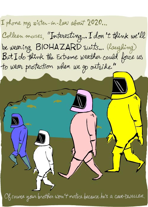 franke james illustration of sister-in-laws conversation people won't be wearing biohazard suits