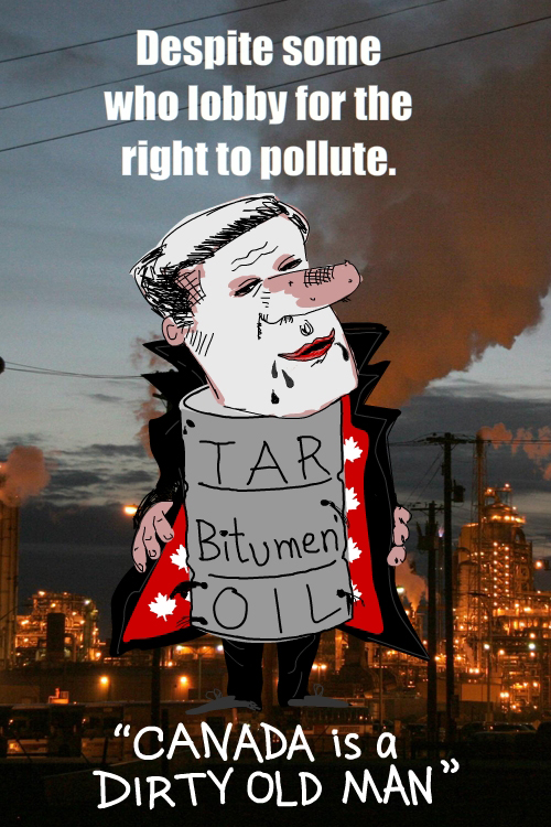 dirty old man illustration by Franke James, with photo by Greenpeace of night sky in Alberta Tar Sands
