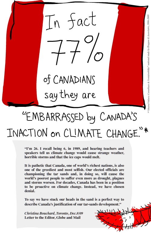 Shared Values: Canadians & Sustainability national study by Hoggan & Associates, 2006-2009. Quote from Globe letters. embarrassed illustration by Franke James
