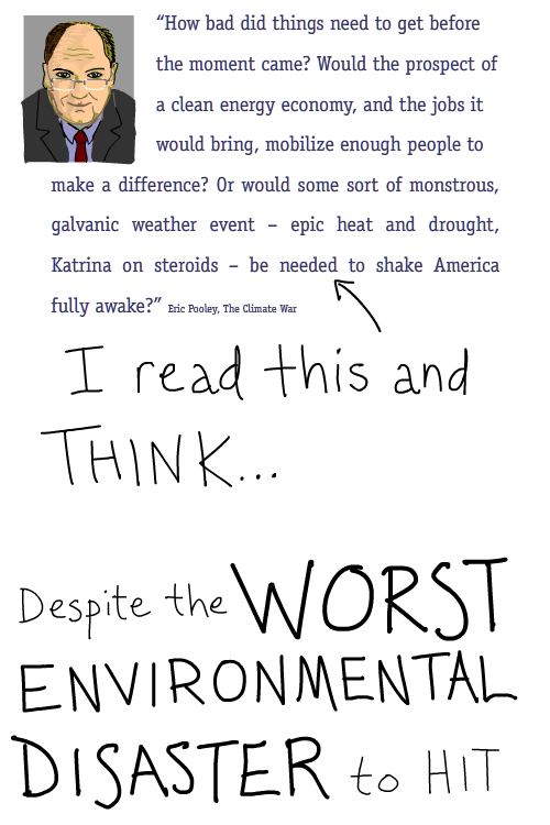 Quote from the Climate War by Eric Pooley, illustrated text by  Franke James