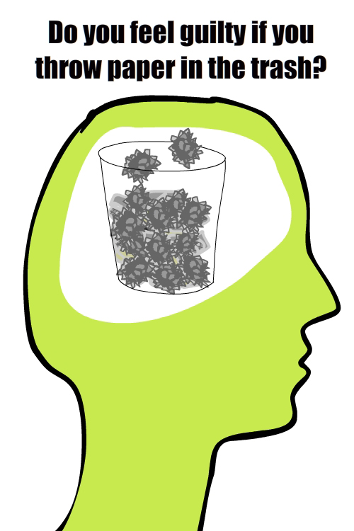 Green Conscience illustration with trash by Franke James