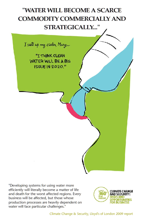 featured quote from Lloyds of London climate booklet; Drinking water illustration from To My Future Grandkids in 2020 by Franke James;