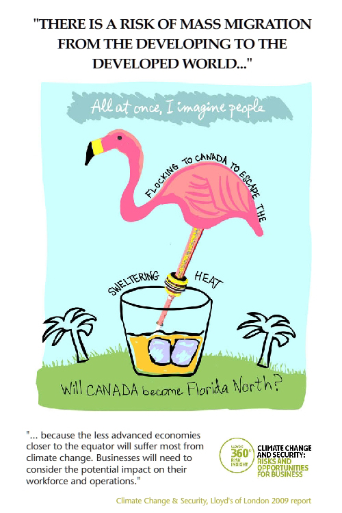 featured quote from Lloyds of London climate booklet; Canadian Flamingo illustration from Letter to My Future Grandkids in 2020 by Franke James;