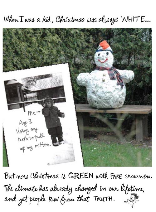 franke james photo collage of fake snowman and her at age 3 when I was a kid Christmas was always white
