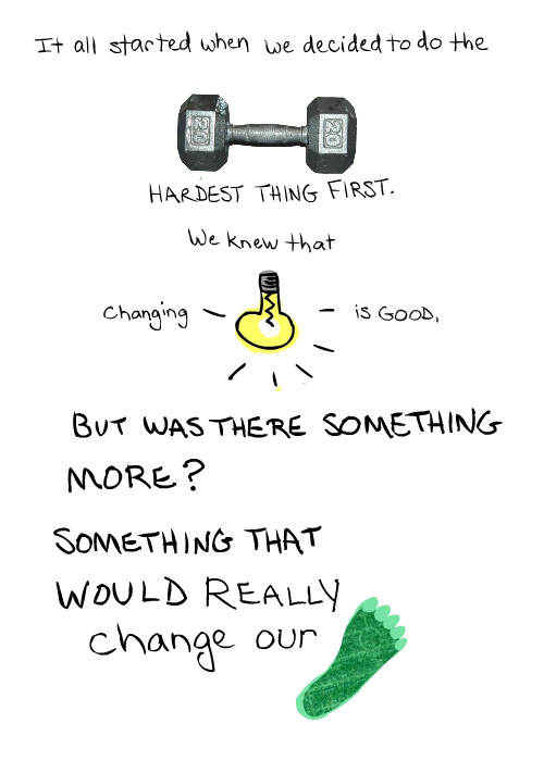 photos and illustrations by franke james of weights, lightbulb, footprint, suv