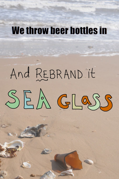 photo of broken beer bottle on beach by Franke James and illustrated type