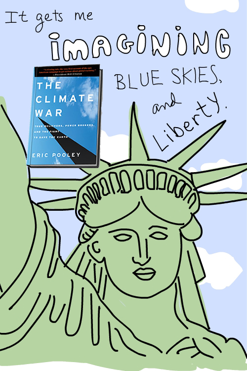 drawing of statue of liberty by Franke James with Climate War book