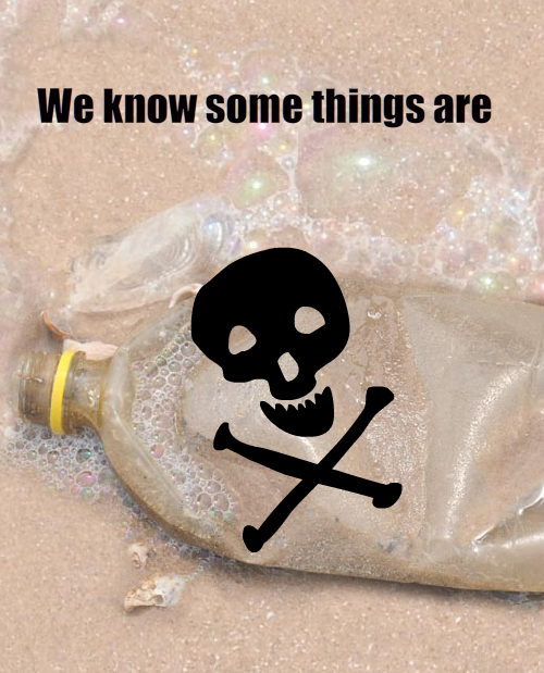 photo of plastic bottle on beach and toxic skull and crossbones illustrations by Franke James 