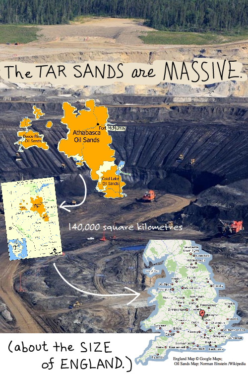 The tar sands are as big as England tar sands photo by © Jiri Rezac / Greenpeace. Map copyright Google. Wikipedia map by Norman Einstein. Composite illustration by Franke James