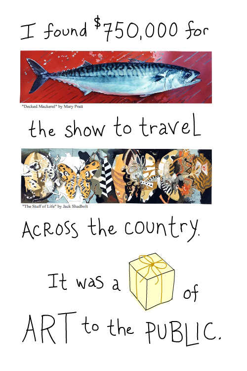 press kit photos of Mary Pratt's painting and Jack Shadbolt's painting which were in 1987 Painting the Town exhibition; text illustration by Franke James;