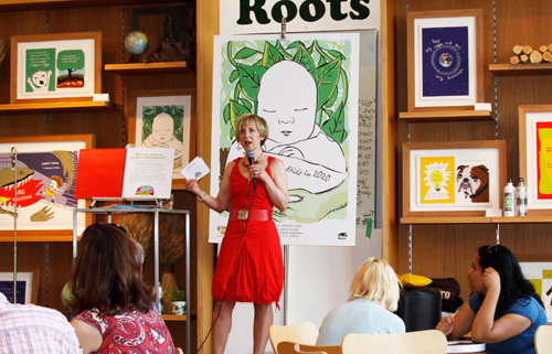 Franke James at book reading for Bothered by My Green Conscience; photo by Central Image Agency