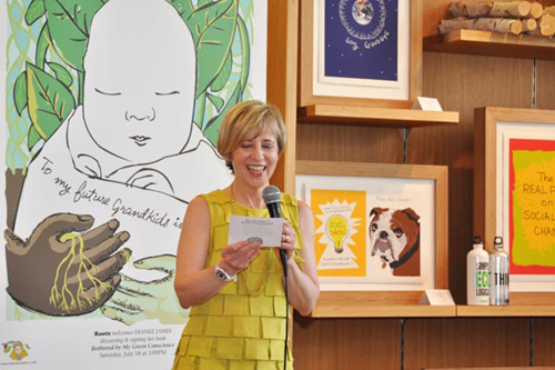 Franke James at book reading for Bothered by My Green Conscience, reading card; photo by Central Image Agency