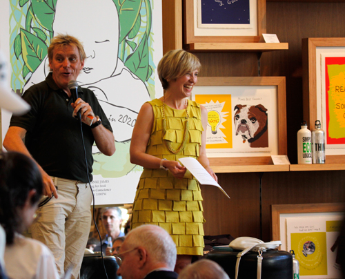 Franke James and Raymond Perkins at book reading for Bothered by My Green Conscience; photo by Central Image Agency
