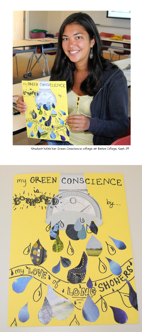 Bates College student at Six Tools workshop holds up her collage; photo by Franke James