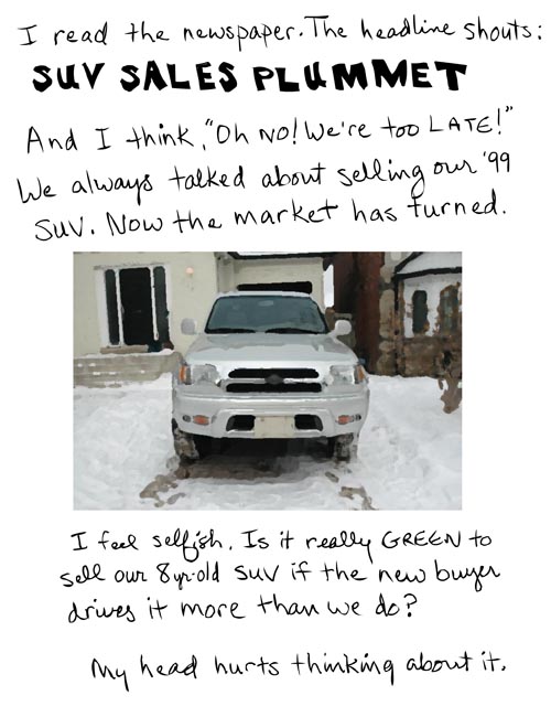 franke james photo-illustration of suv SUV sales plummet. And I think, oh no we are too late...
