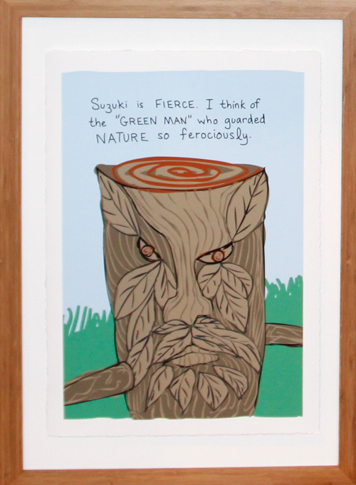 Suzuki as the Green Man illustration by Franke James; photo by Central Image Agency