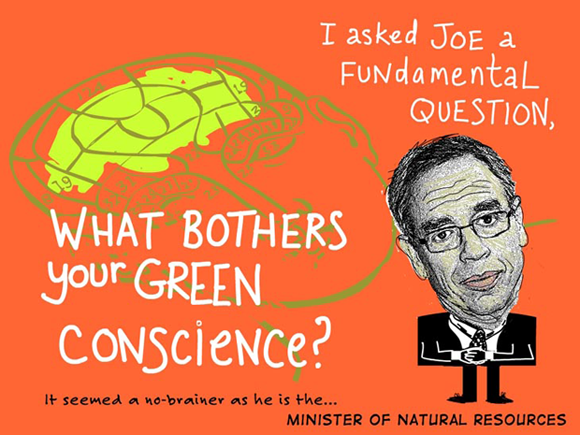 I asked Joe a Fundamental question, what bothers your green conscience, Photo-illustration of Joe Oliver by Franke James