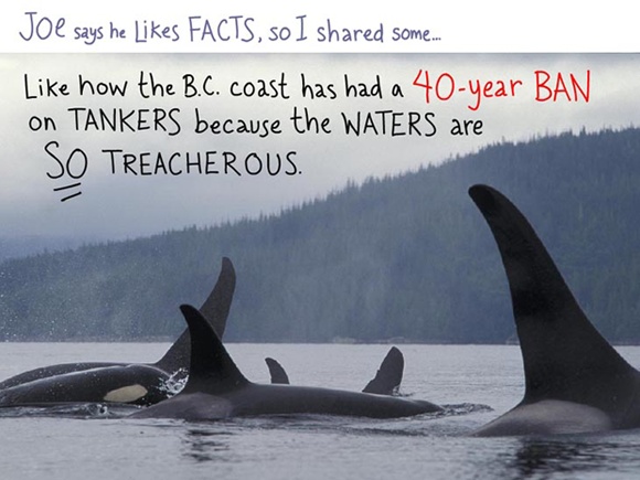 Joe says he likes facts, so I shared some facts with him --- like how the B.C. coastline has had a 40 year ban on tankers because the waters are so treacherous; writing and type-illustration by Franke James, photo by Ian McAllister, Pacific Wild