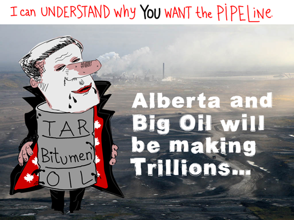 Alberta and Big Oil will be making trillions; Harper Dirty Oil illustration by Franke James, Photo Syncrude 2007 -12 Photo 2007 David Dodge, CPAWS