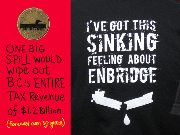 One big spill could wipe out B.C.'s entire tax revenue of $1.2 billion -- which is forecast over 30 years; writing by Franke James; Dogwood Initiative 'No Tankers Loonie Decal'; Photo of tshirt with Sinking Feeling About Enbridge courtesy Living Oceans Org