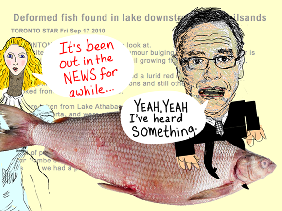 So I reminded him that the news of the contaminated fish was reported in 2010. And then Joe admitted, 'Yeah, yeah I've heard something.' Quote from March 3, 2012 meeting, Joe Oliver riding a fish illustration by Franke James. Fish photo research archive David Schindler