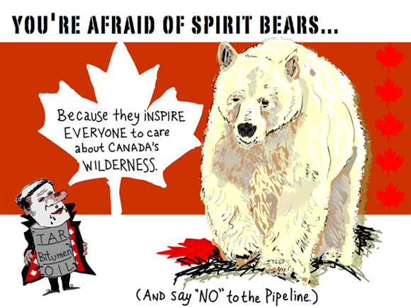 You're afraid of spirit bears because they inspire everyone to care about Canada's wilderness. (And say no to the pipeline.); Spirit Bear illustration by Franke James