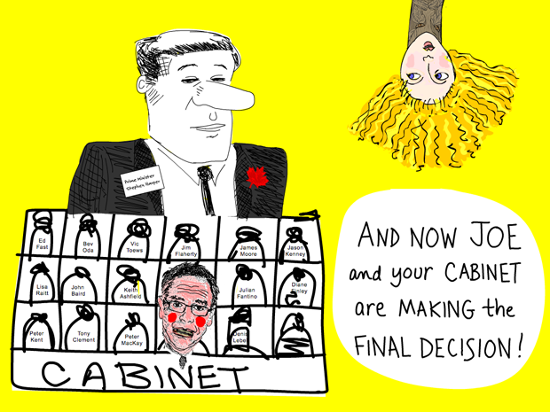 And now Joe and your cabinet are making the final decision; Harper with cabinet illustration by Franke James