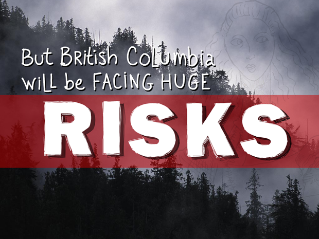 But B.C. will be facing huge risks; type illustration by Franke James, photo of Great Bear Rainforest Fog by Ian McAllister, Pacific Wild